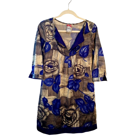 Yoana Baraschi Silk Floral Shift Dress Blue Beige Split V-Neck Pockets Size S - Picture 3 of 13